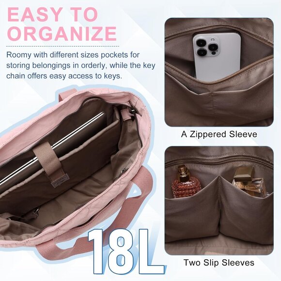 Pink Water Resistant Polyester Quilted Tote Bag for Women, Large Capacity, Puffe - Picture 4 of 7